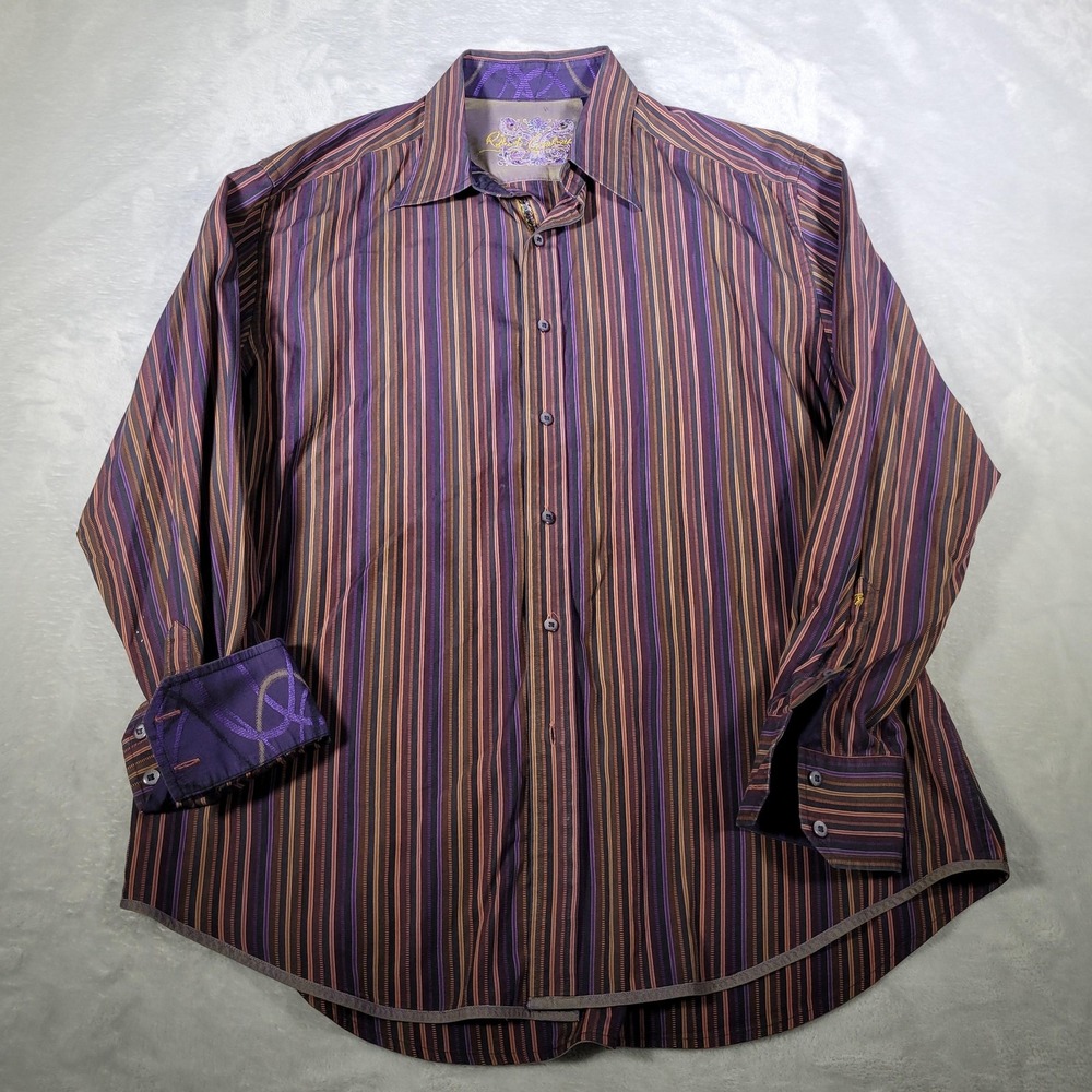 Robert Graham Shirt Mens XL Purple Striped Flip Cuff Long Sleeve Designer